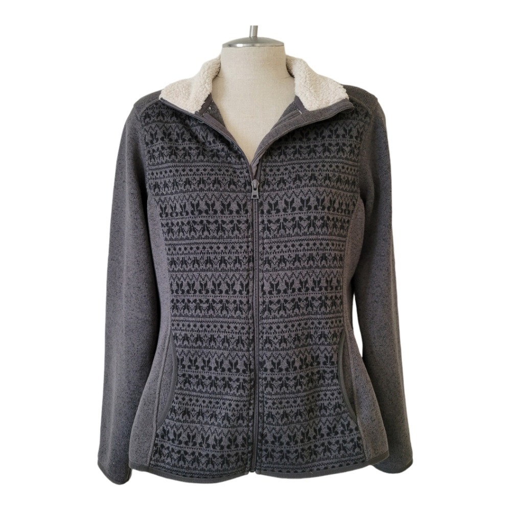 Eddie Bauer Womens Gray Fleece Full Zip Jacket L Fair‎ Isle Sherpa Collar Casual